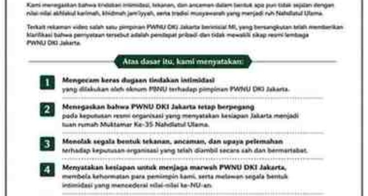 Pernyataan Sikap yang mengatasnamakan PWNU DKI Jakarta, PCNU se-DKI Jakarta