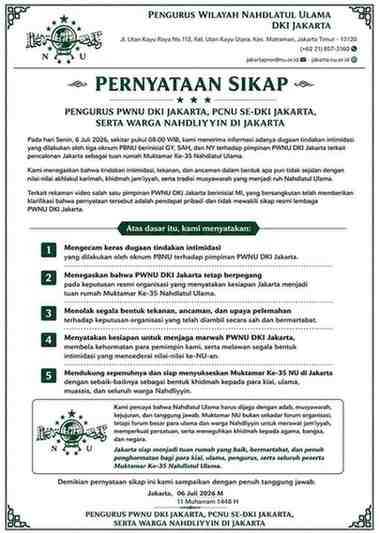 Pernyataan Sikap yang mengatasnamakan PWNU DKI Jakarta, PCNU se-DKI Jakarta
